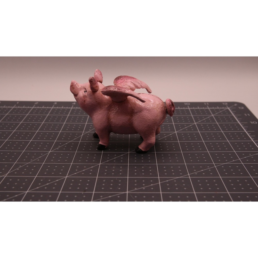 Vintage Cast Iron Flying Pig Coin Bank Distressed Pink Figurine